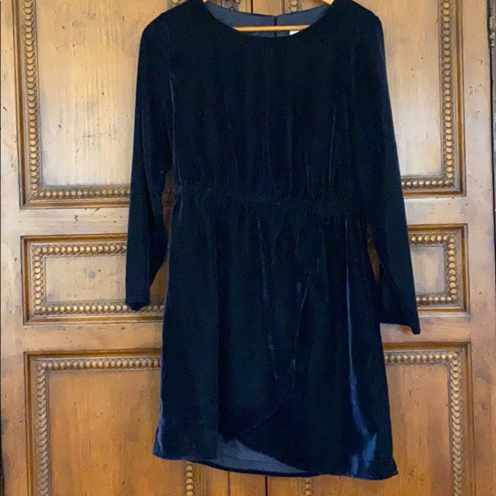 Navy velvet, long-sleeved faux wrap dress